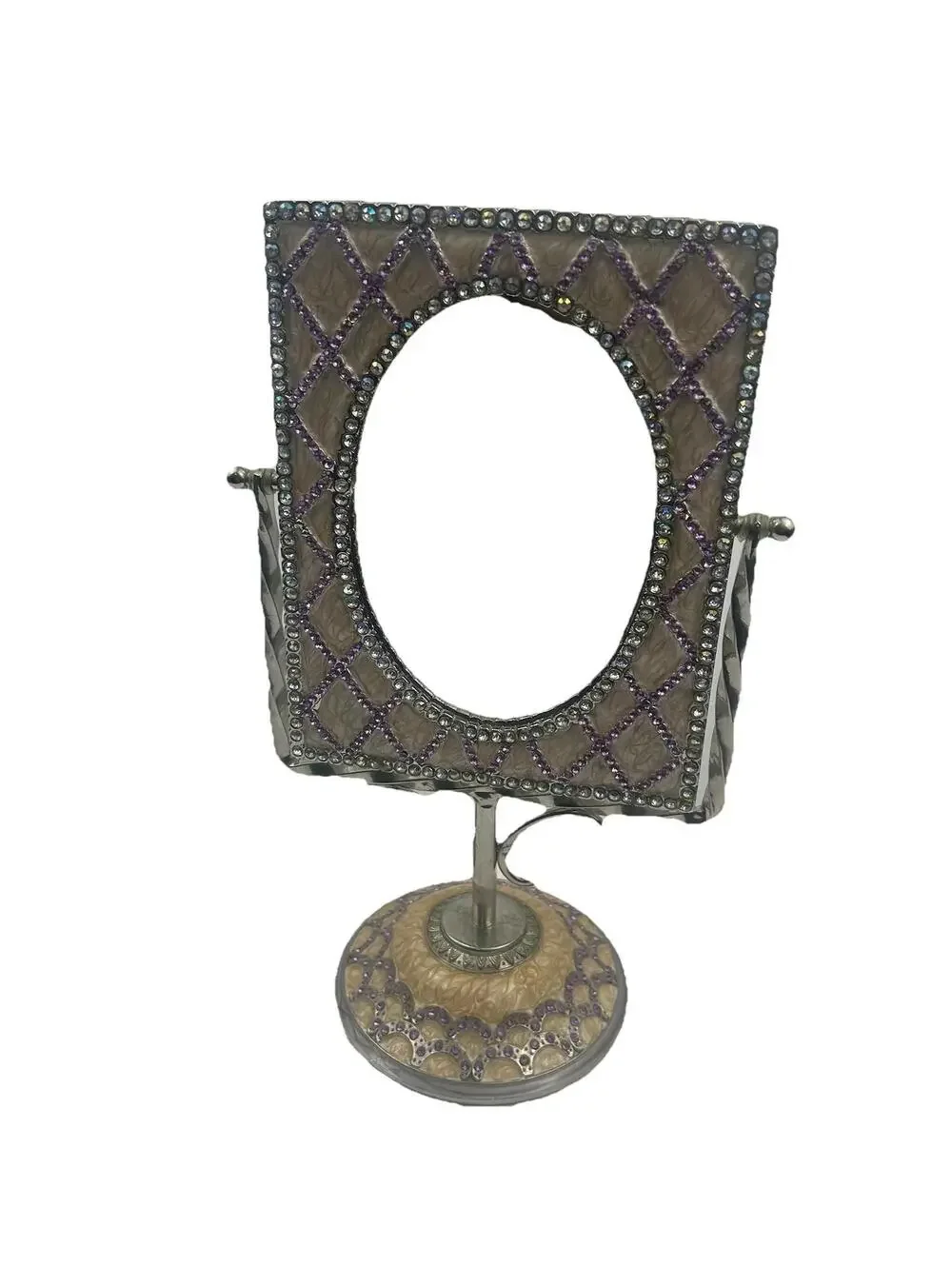 VTG Purple Enamel Lattice Jeweled Swivel Mirror Ornate Vanity Tabletop